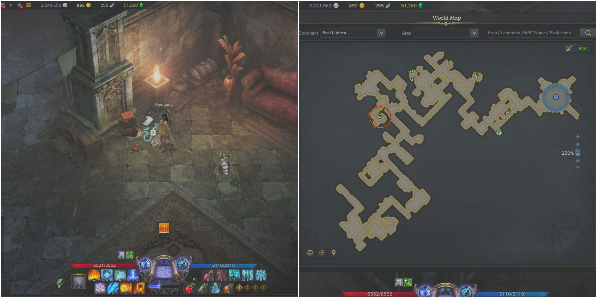 split image of player find mokoko seed 2 in blackrose basement and map of blackrose basement