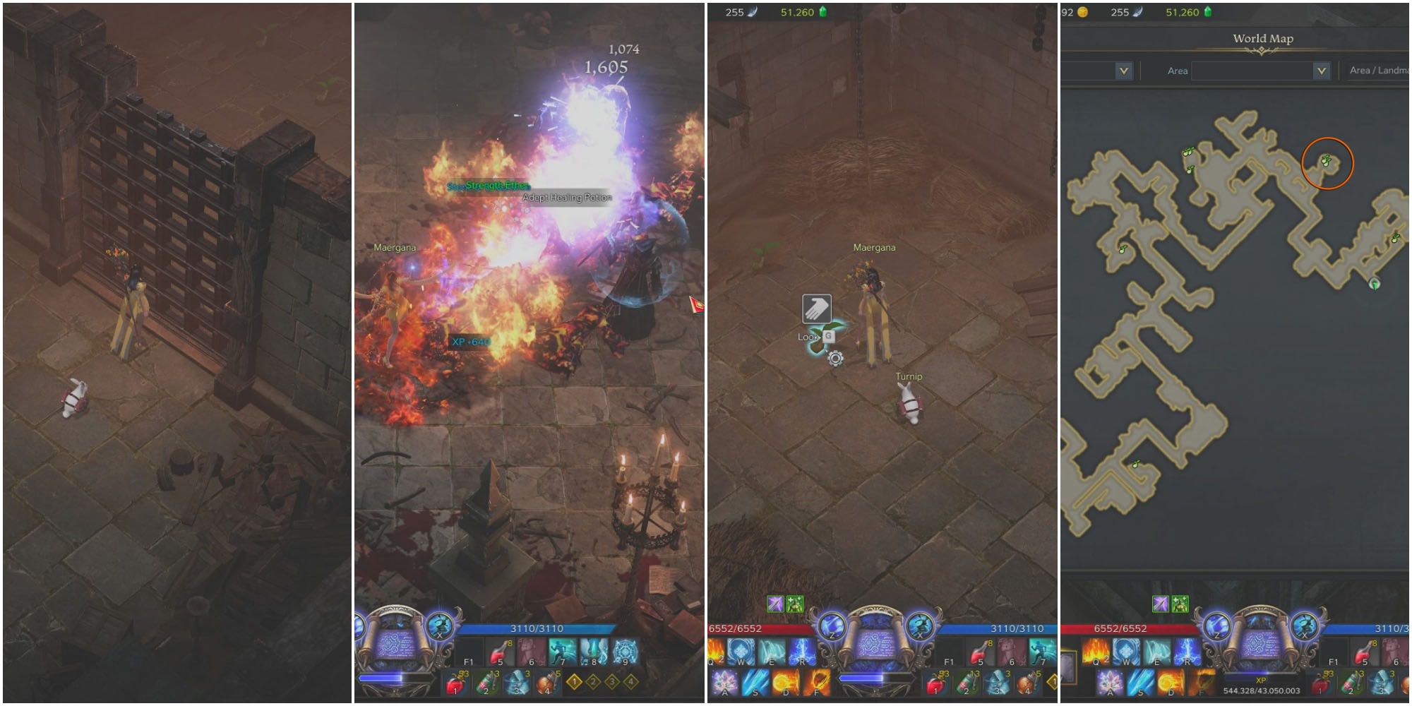 split image of player standing before gated room, player killing heretics, player finding Mokoko Seed 6, and map of blackrose basement