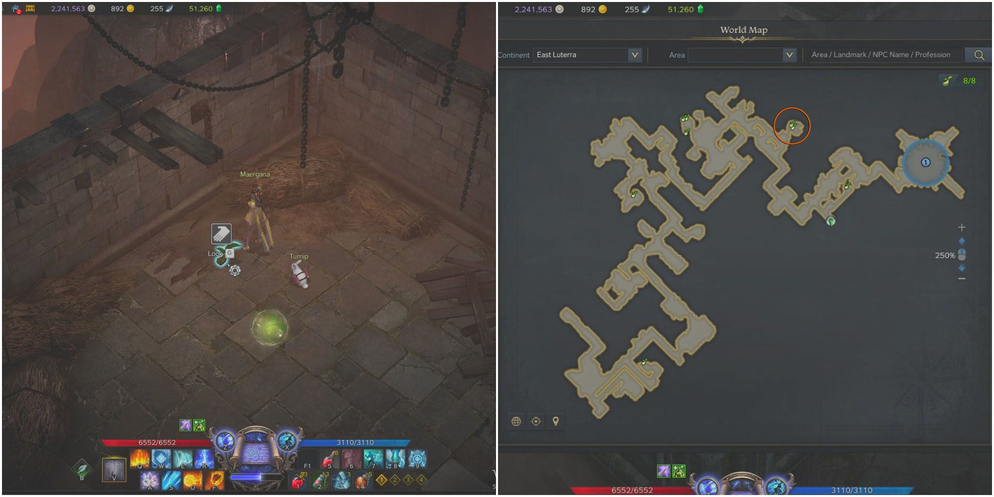 split image of player finding Mokoko Seed 7 in gated dungeon and map of blackrose basement