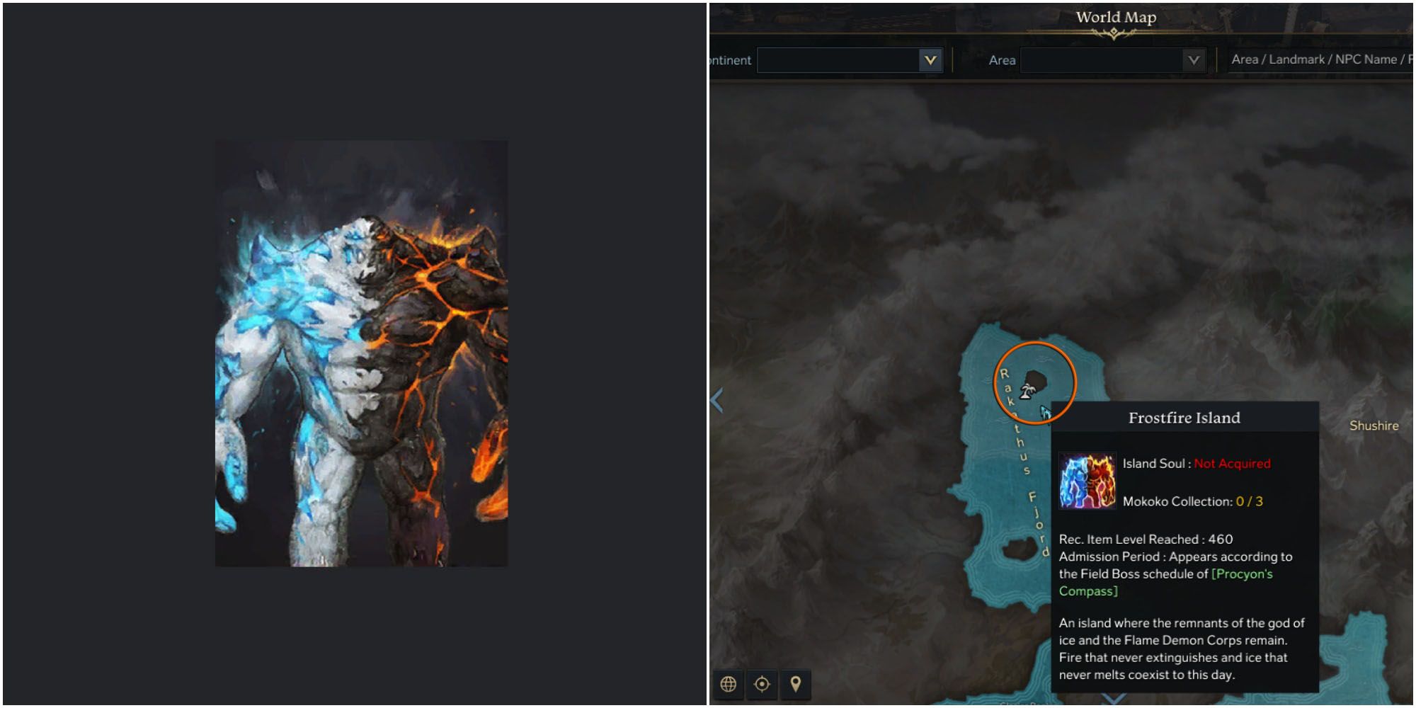 split image of Brealeos card and location of Frostfire island on a world map