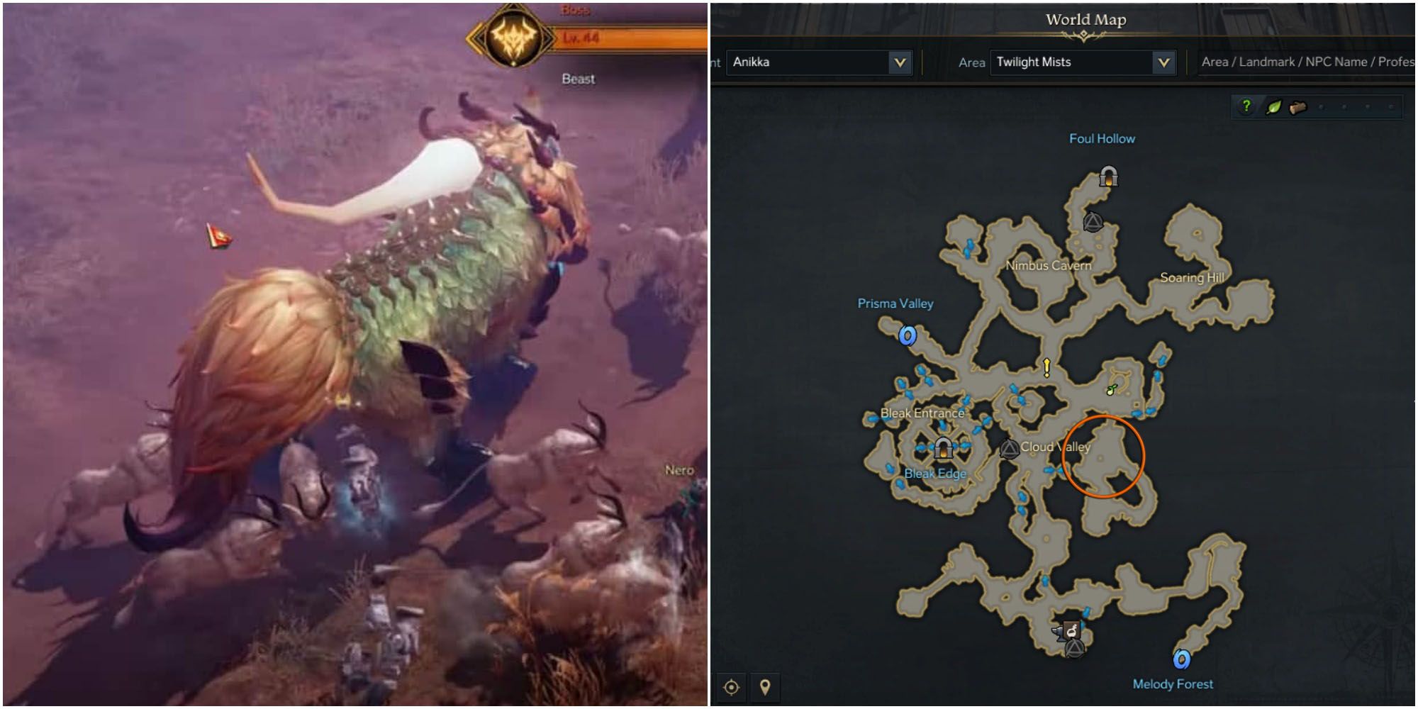 Split image of Chuo boss fight and Twilight Mists map with location circled