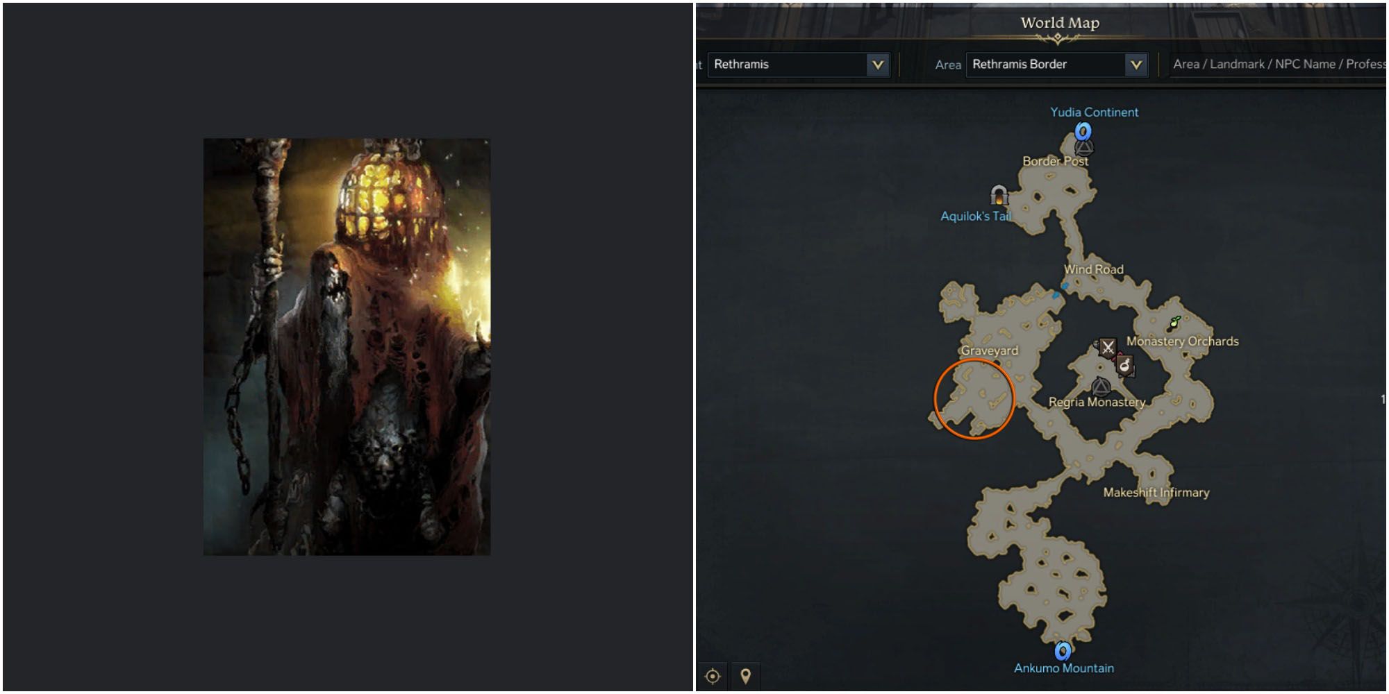 Split image of Rudric card and map of Rethramis Border with location circled