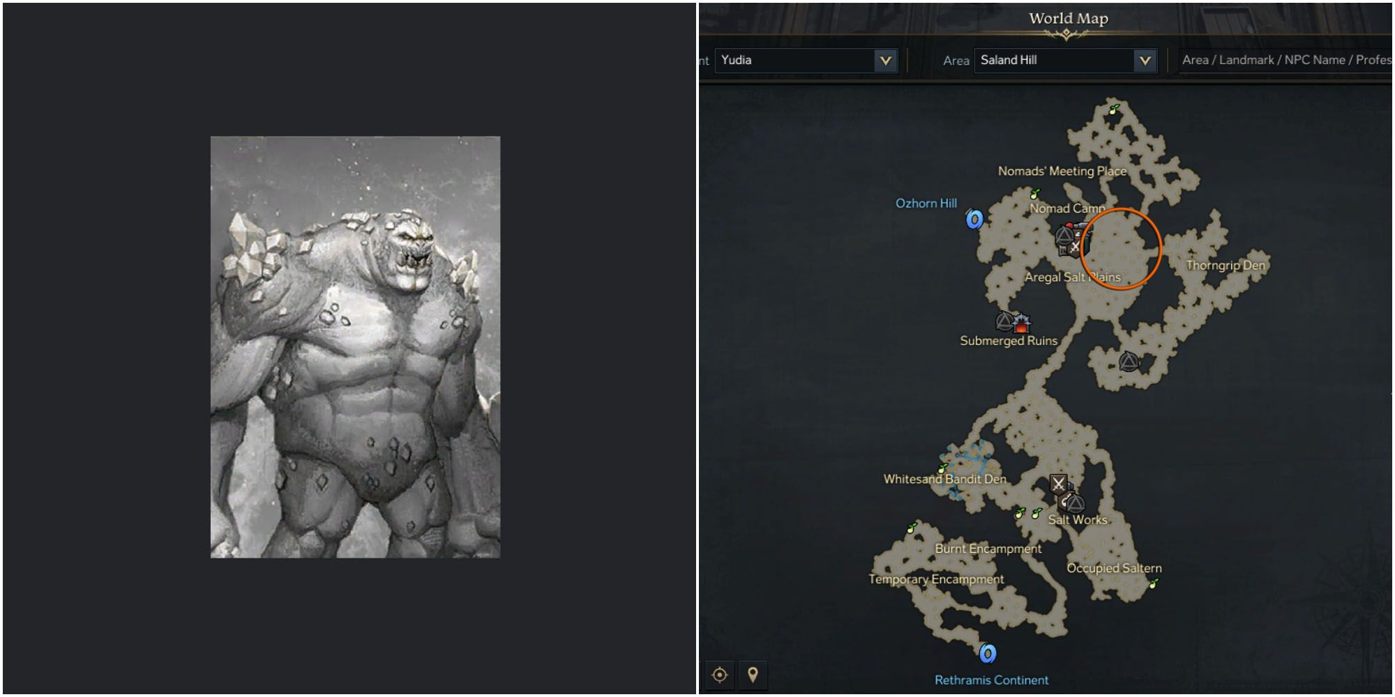 Split image of Salt Giant card and map of Saland Hill with location circled