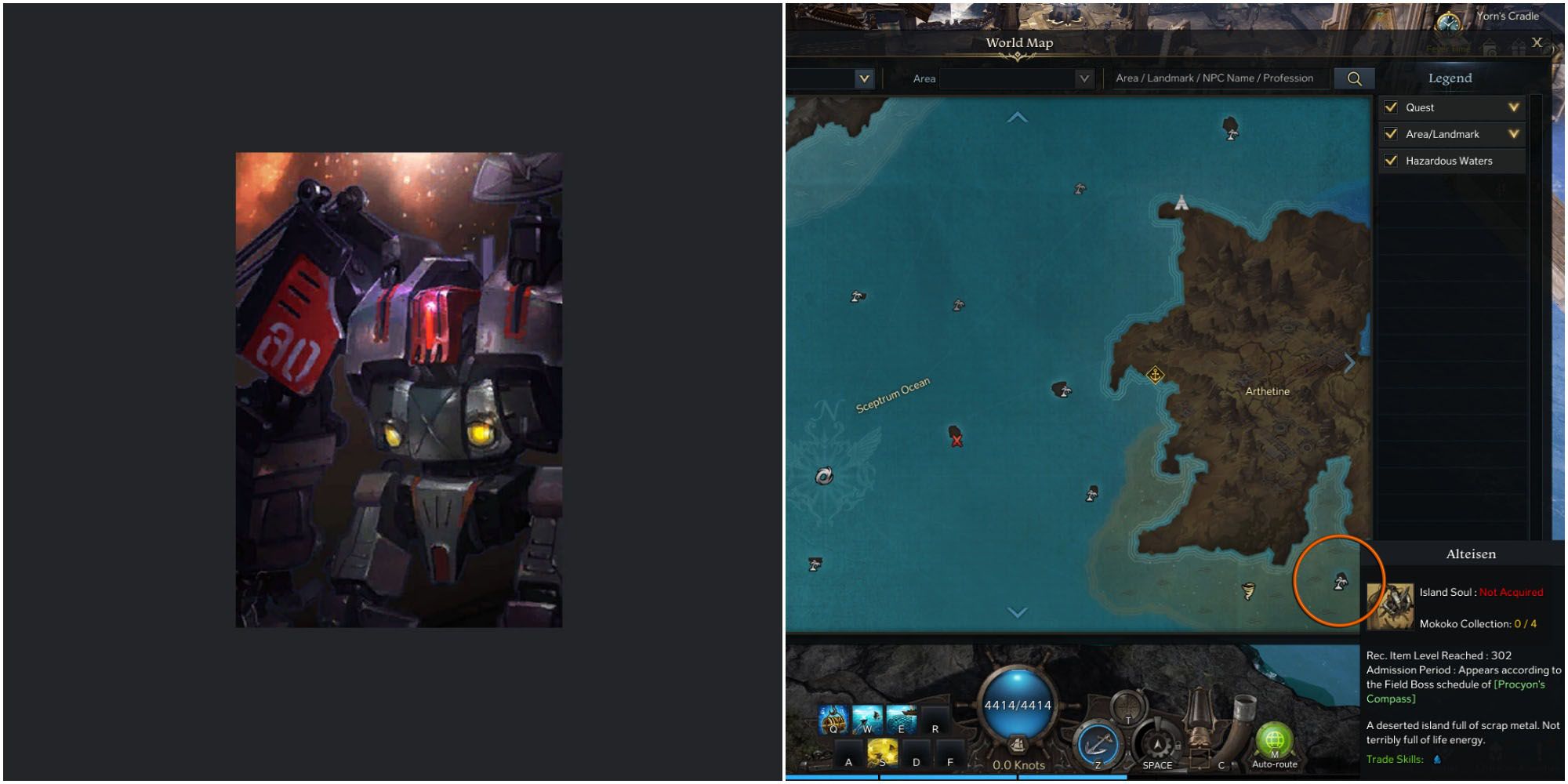 split image of sol grande card and alteisen island location on world map