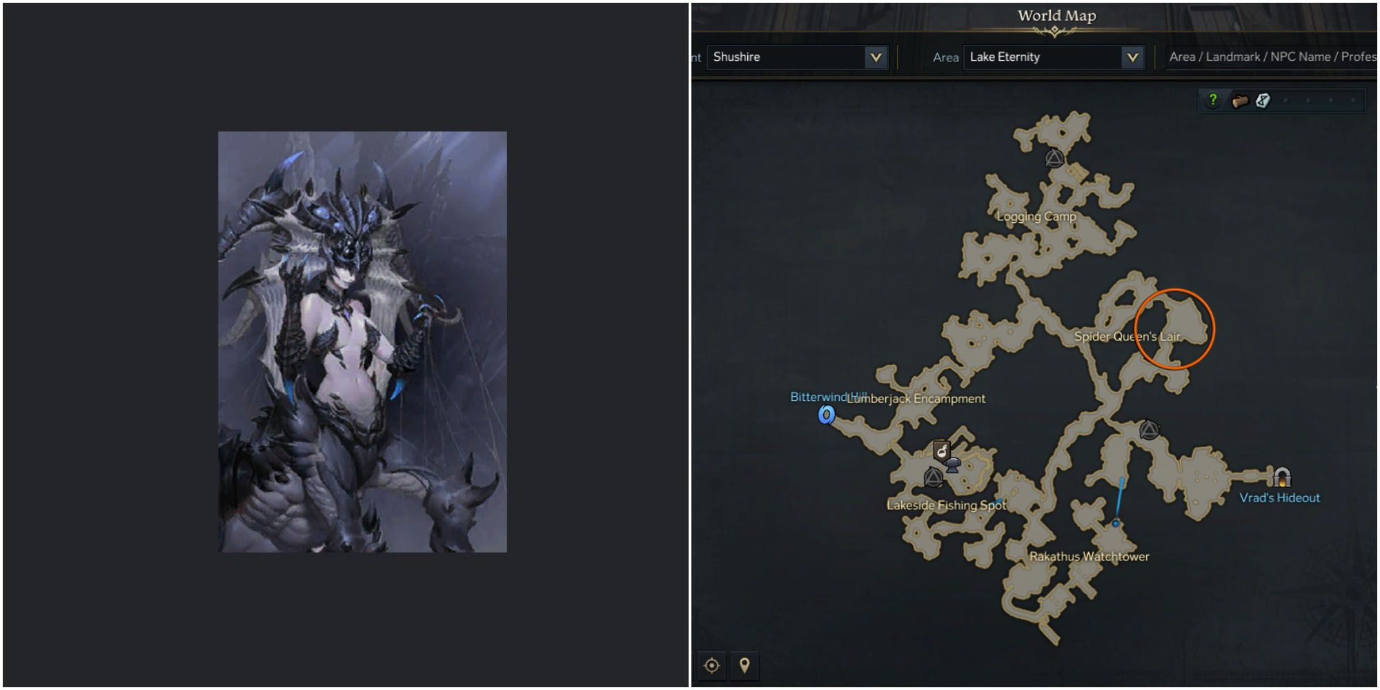 A split image of Tarsila card and map of Lake Eternity