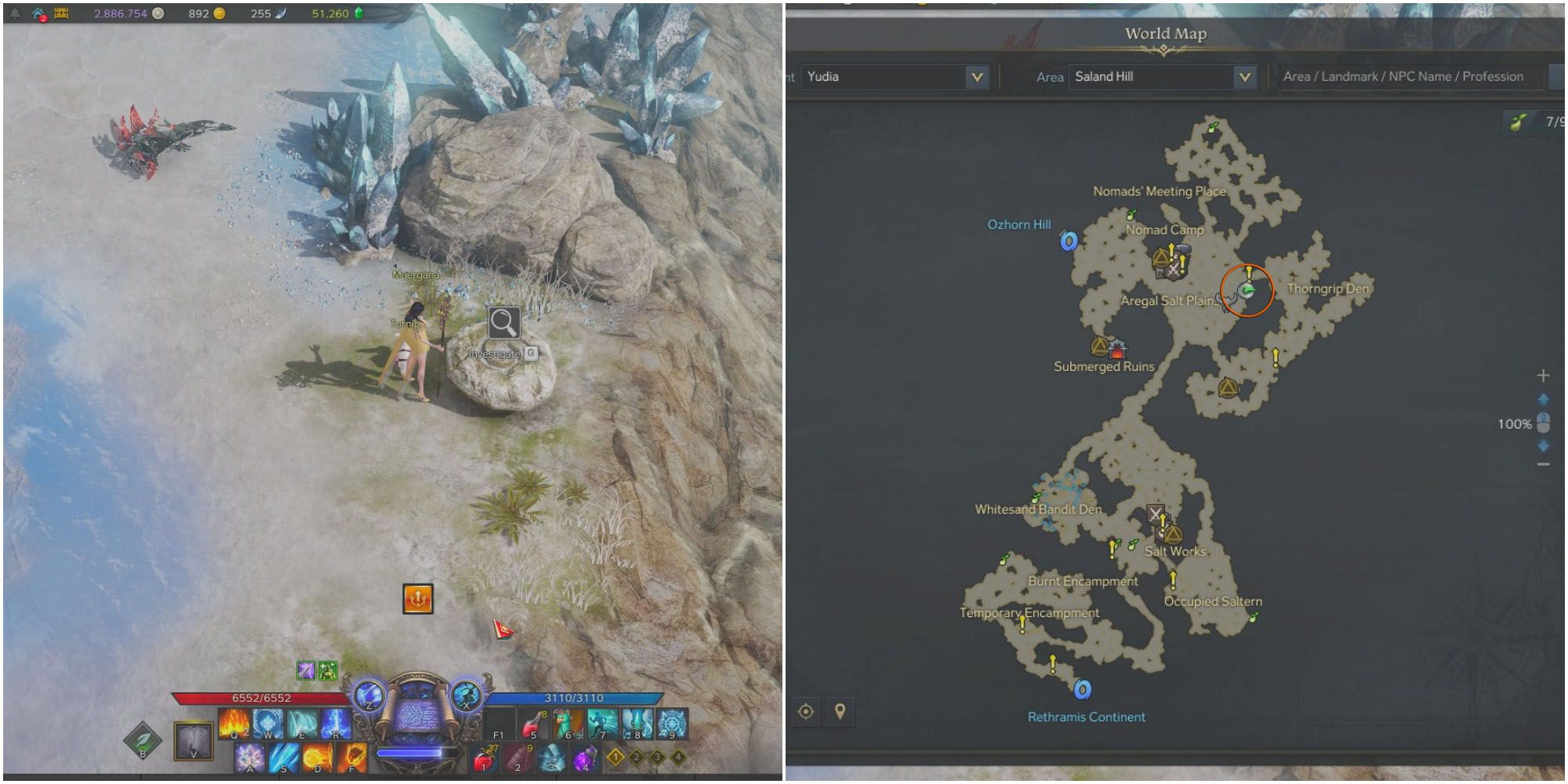 A split image of player investigating strange carved stone and map of Saland Hill