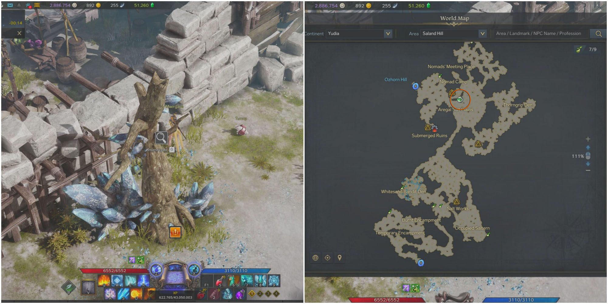Split image of player investigating wall outside Nomad Camp and map of Saland Hill