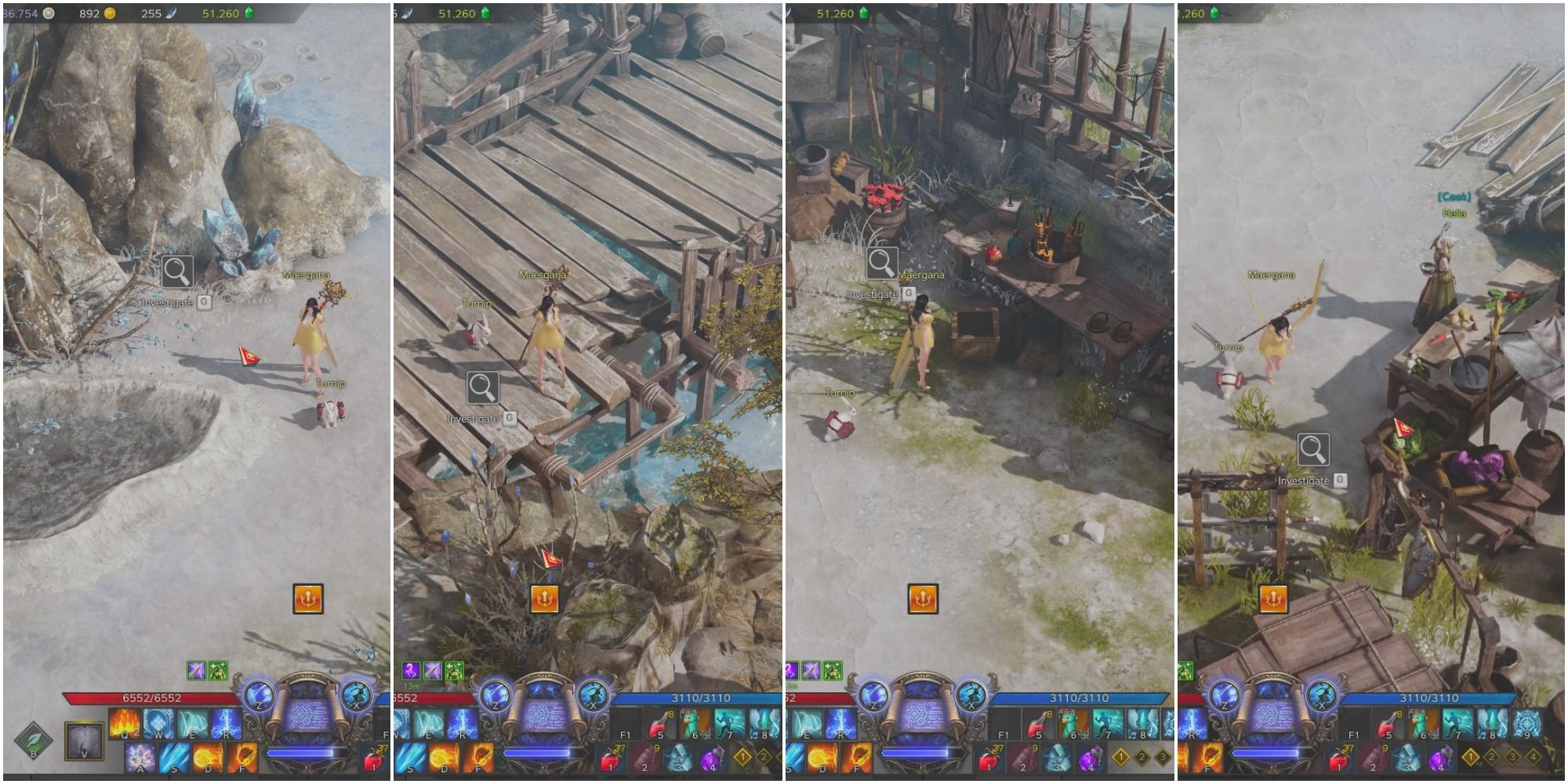 Split image of player by solar salt deposit, player by Salt Works bridge, player by merchant stand in Nomad Camp, and player by vendor in Nomad Camp