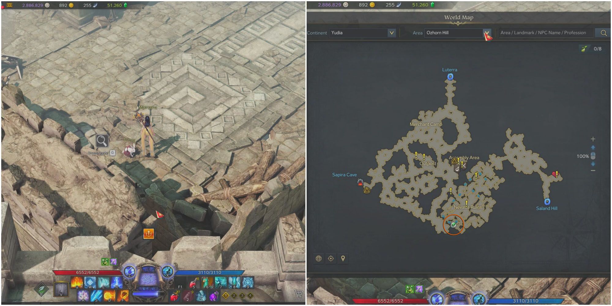Split image of player standing in ruins by investigate icon, and a map of Ozhorn Hill