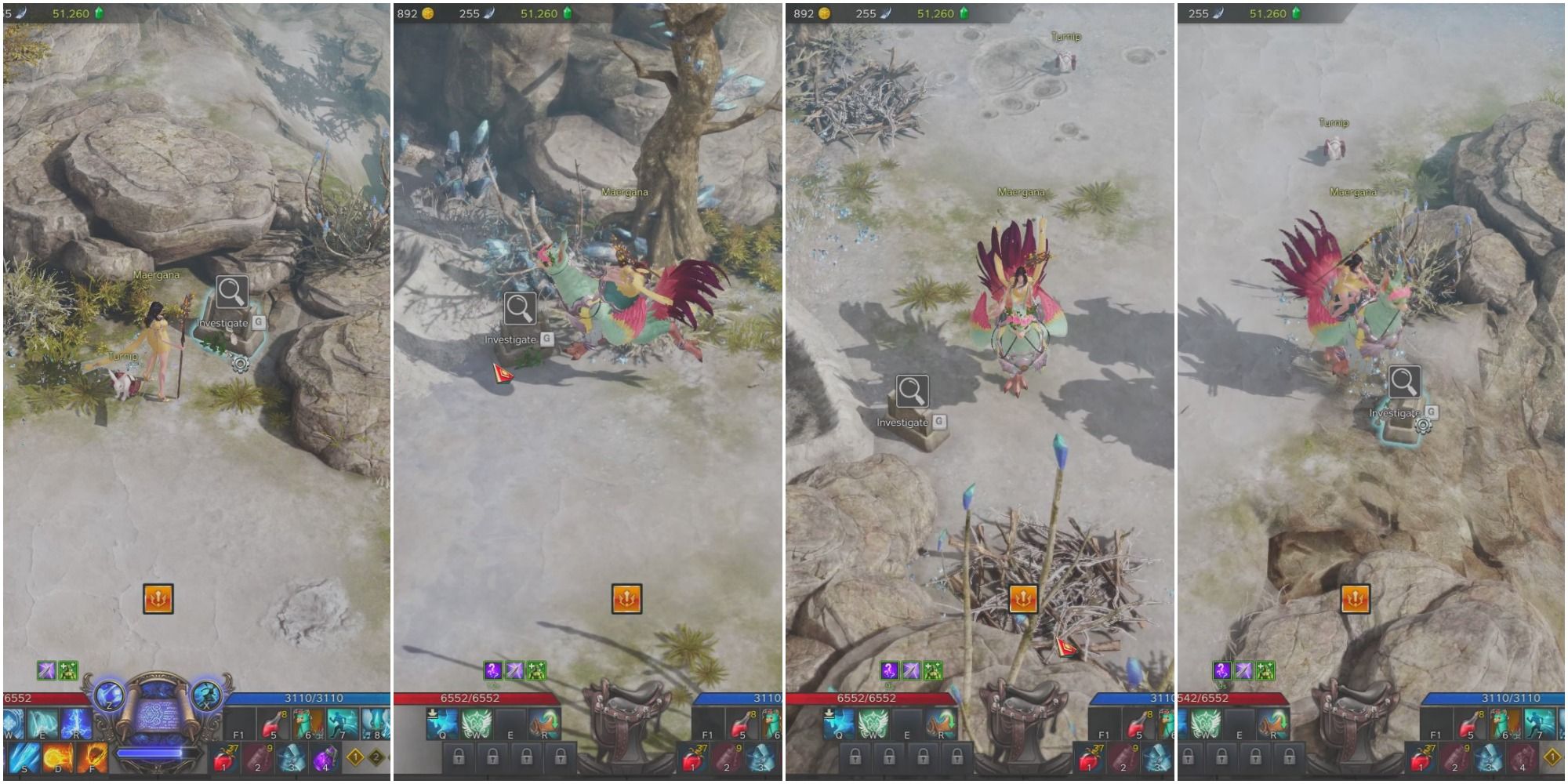 Split image of player standing before grave by stone outcrop, player before grave in front of dead tree, player before grave in desert area, and player before grave near edge of cliff