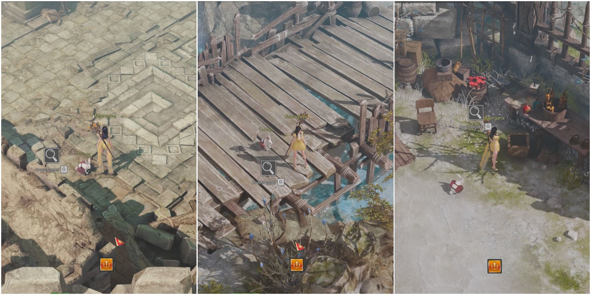 Split image of player standing in stone ruins, play standing on broken wooden bridge over a creek, and player standing at market stall in desert area