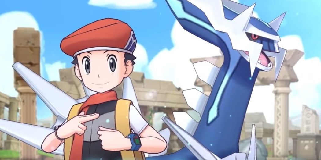 Lucas & Dialga from Pokemon Masters EX pose with smiles in front of ancient ruins.