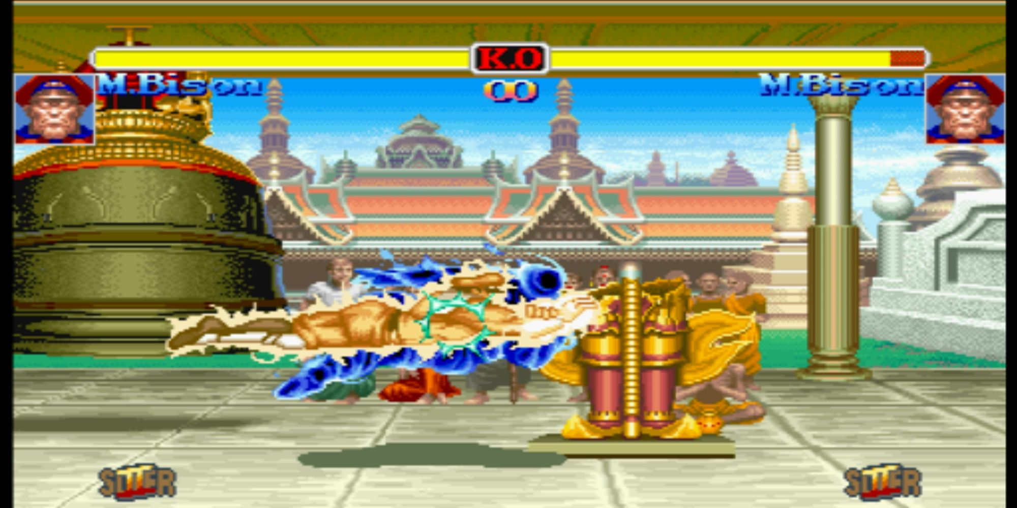 Super SF2 M Bison charges into M Bison with a Psycho Crusher in his Thailand Temple Hideout in Hyper Street Fighter 2.