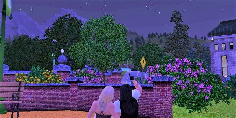 Two Sims cuddle under the stars in Sunset Valley