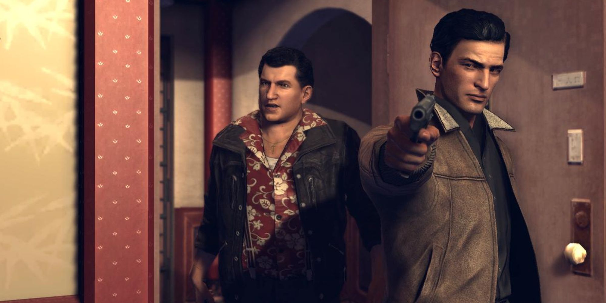 Mafia 2 Screenshot Of Vito and Joe confronting someone in their apartment.