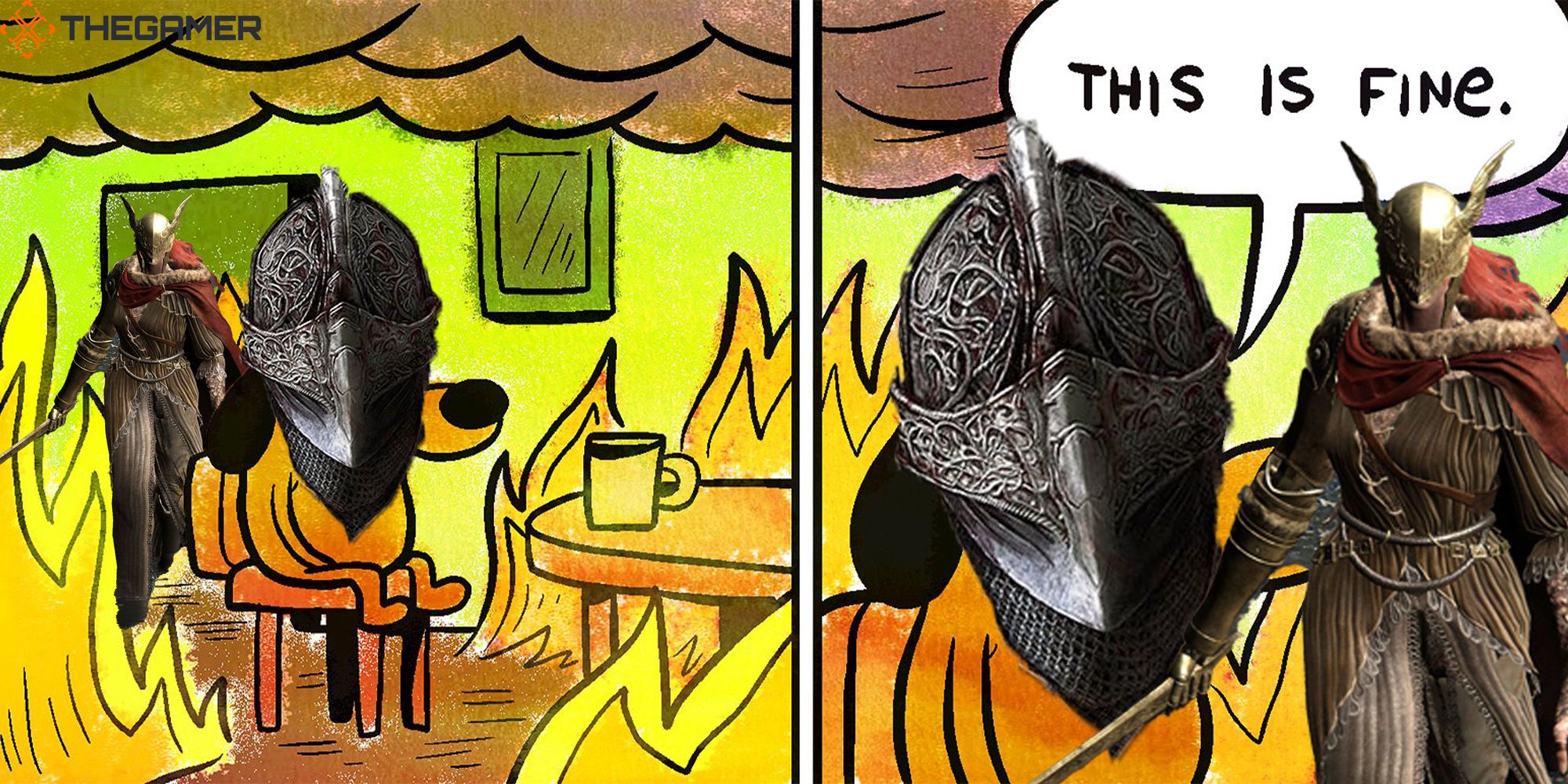 The "This Is Fine" meme, but the dog sitting at the table with coffee is getting stalked by Malenia from Elden Ring.