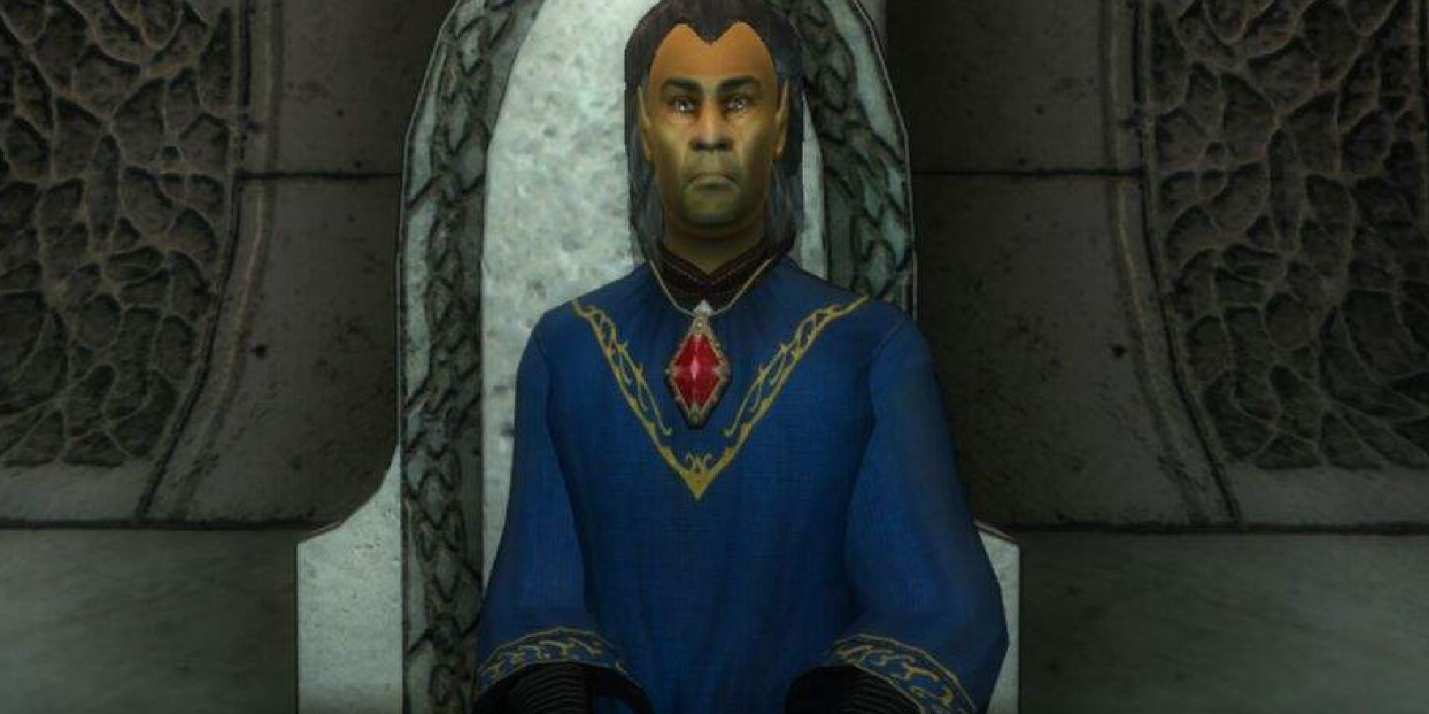 Mankar Camoran sitting on an Ayleid throne in blue mage robes