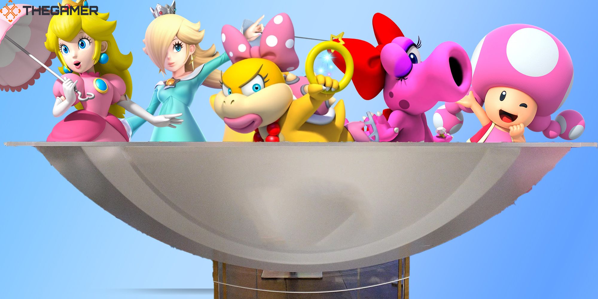 Princess Peach, Rosalina, Wendy O Bowser, Birdo, and Toadette discuss hot topics and current events at a round table.