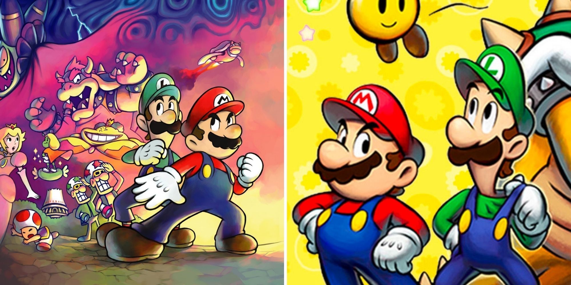 Mario and Luigi prepare to attack under a dark sky and pose beside Boswer and Starlow