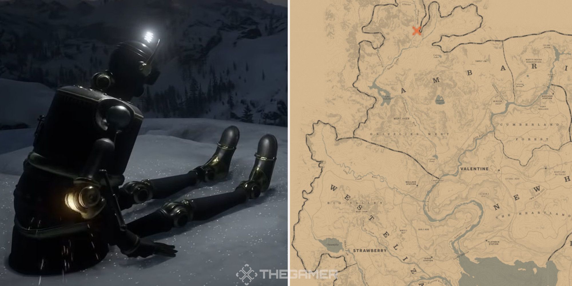 The automaton from Red Dead Redemption 2 sitting in the snow, next to an image of where it can be found marked on the map.