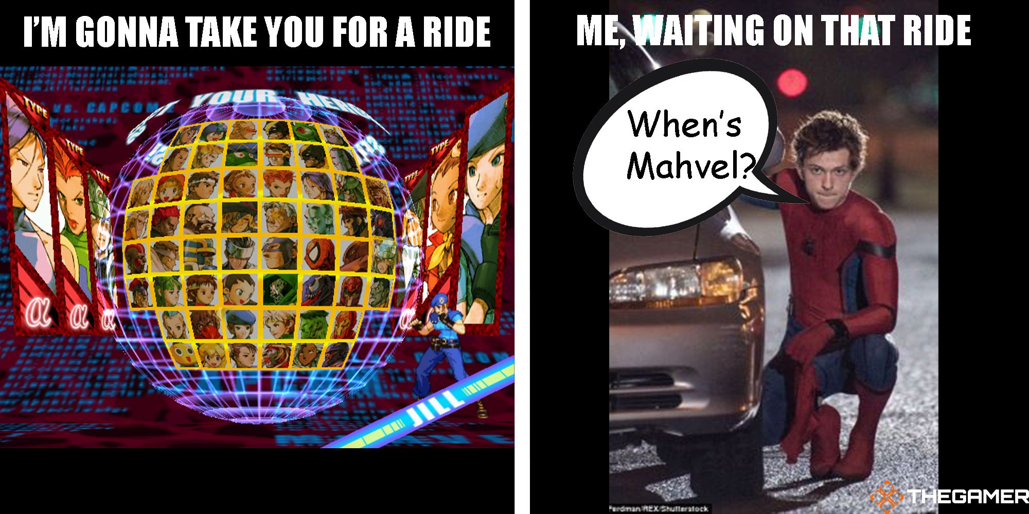 [Panel 1] The MvC2 Character Select screen with the caption, "I'm Gonna Take You For A Ride." [Panel 2] Tom Holland's Spider Man waits next to a car and asks "When's Mahvel?" and the caption says, "Me, Waiting On That Ride."