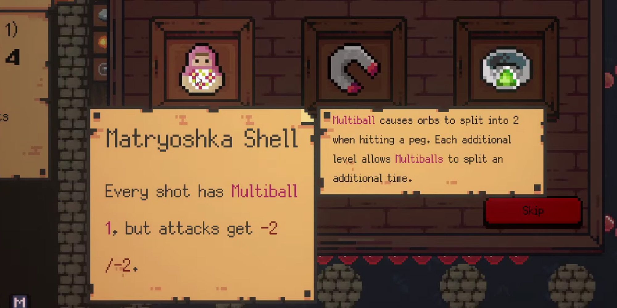 Peglin screenshot of the Matryoshka Shell Relic, which looks like a round doll with a pink head and a wide beige body