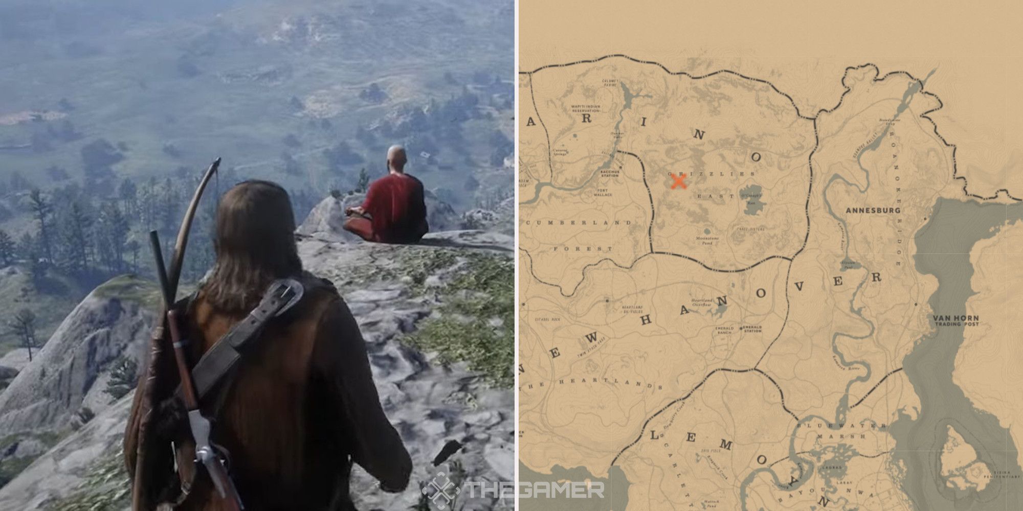 A monk meditating on a clifftop, next to an image of the location he can be found marked on the map.