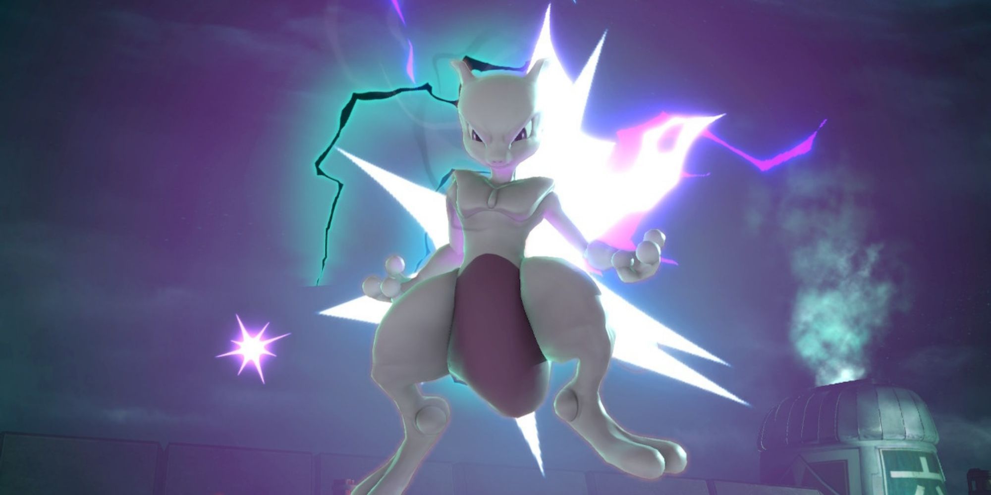 Mewtwo floats in the night sky in the Midgar stage
