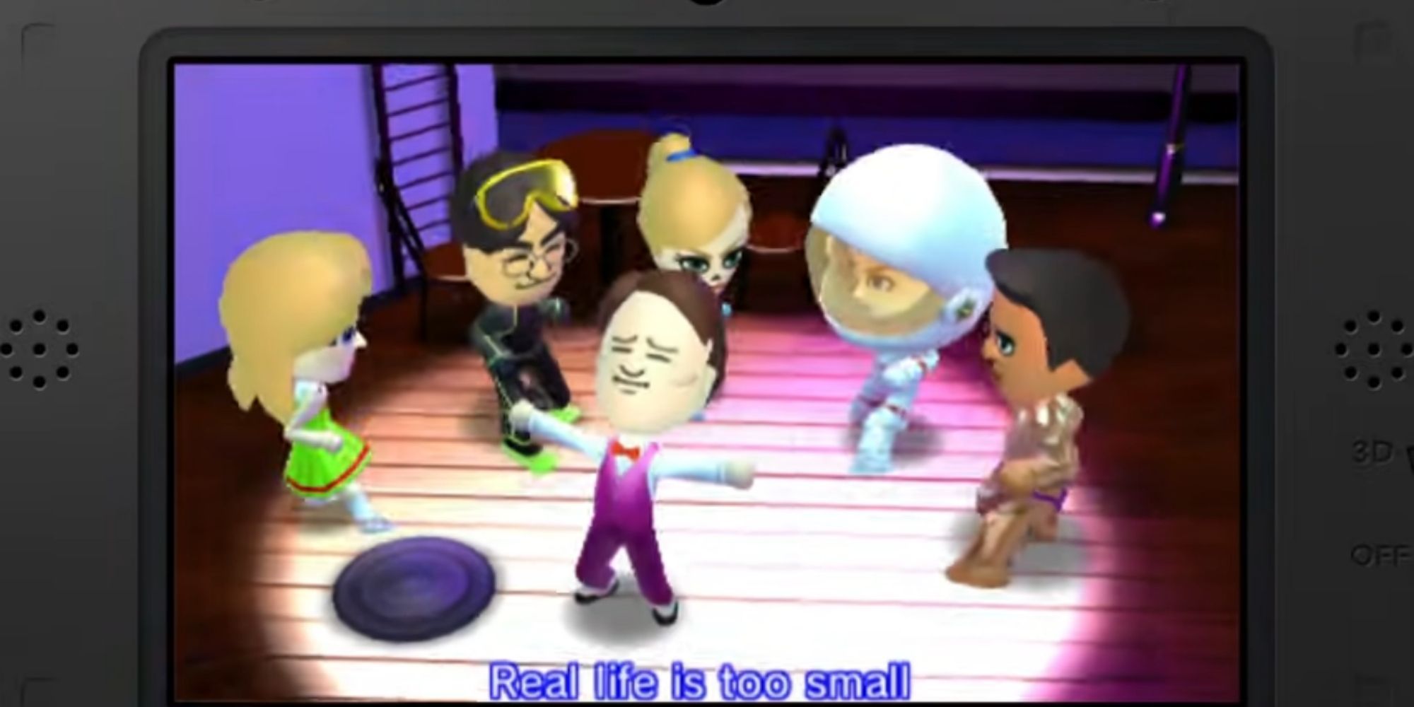 Bill Trinen's Mii sings a song while Iwata, Reggie, and Zero Suit Samus dance around him