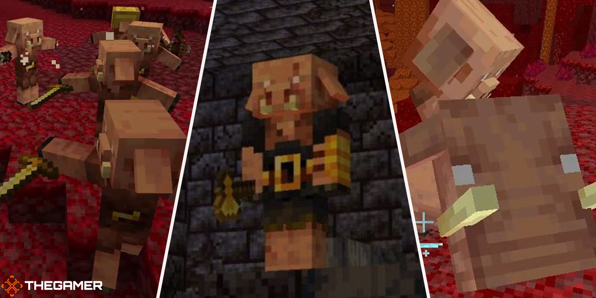 Minecraft - Piglin celebrating on left, Baby Piglin on a Baby Hoglin on right, and a Brute Piglin in the centre