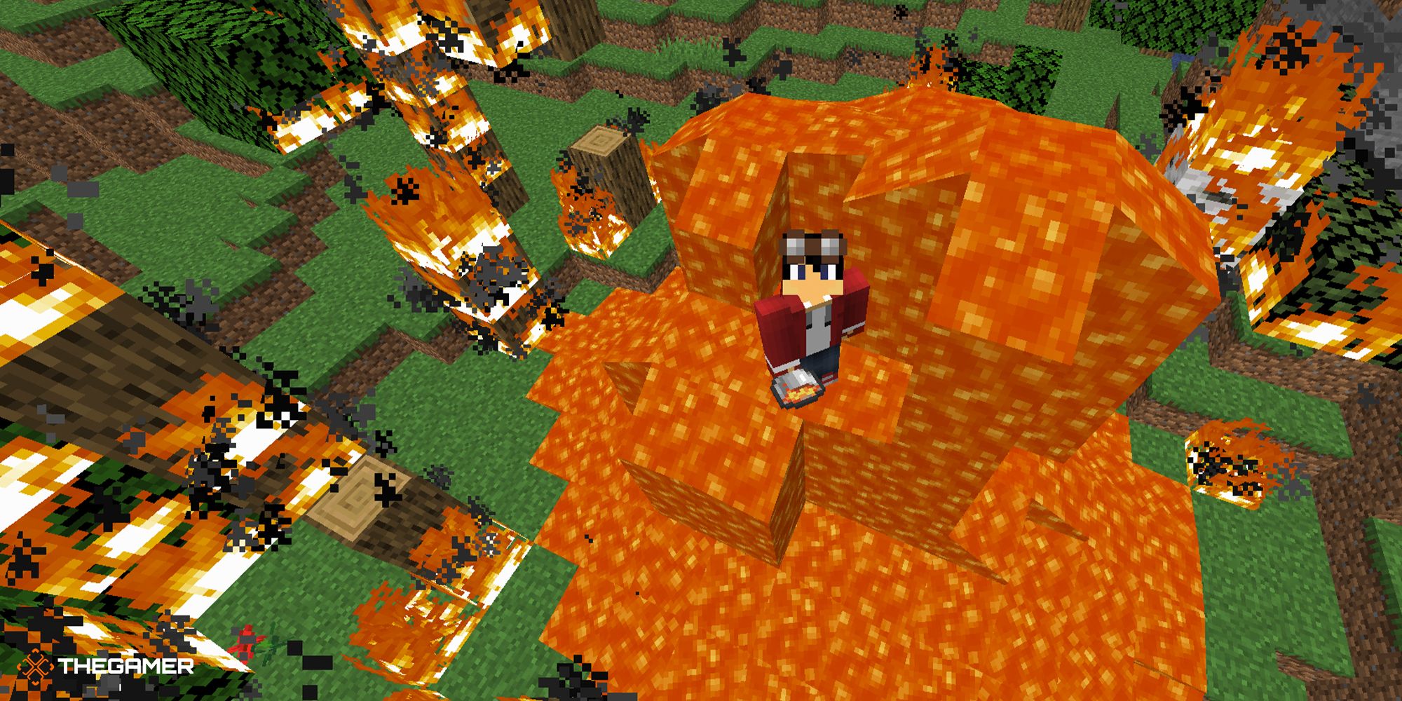 Minecraft - player standing in a forest that's burning with lava
