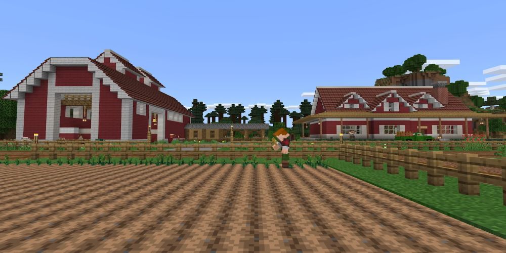 Minecraft Realms Plus Farm Life crops and farmers barn