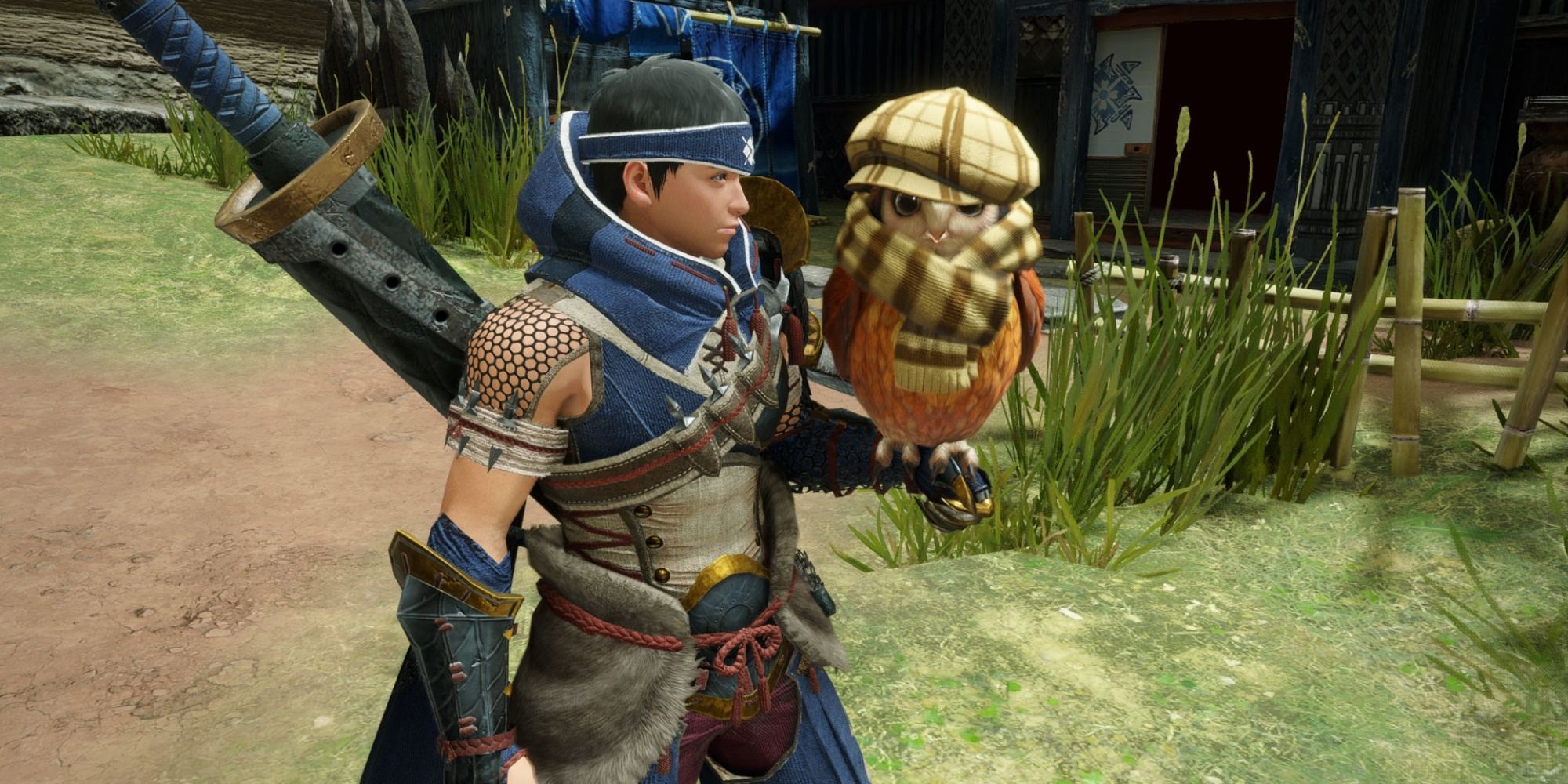 Monster Hunter Rise Hunter Has Cohoot With Fancy Scarf And Hat On His Arm In The Village