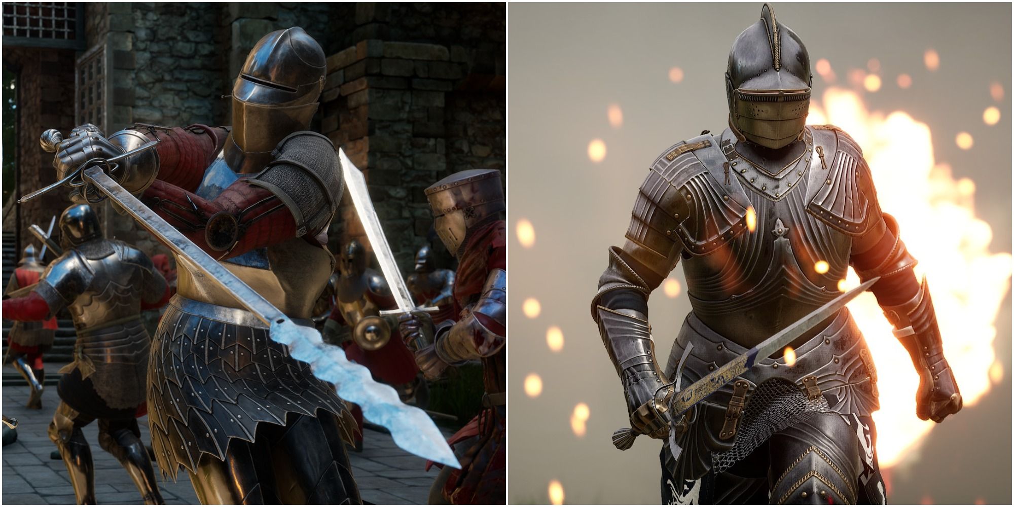 Mordhau Best Swords Ranked split image of knights in gameplay