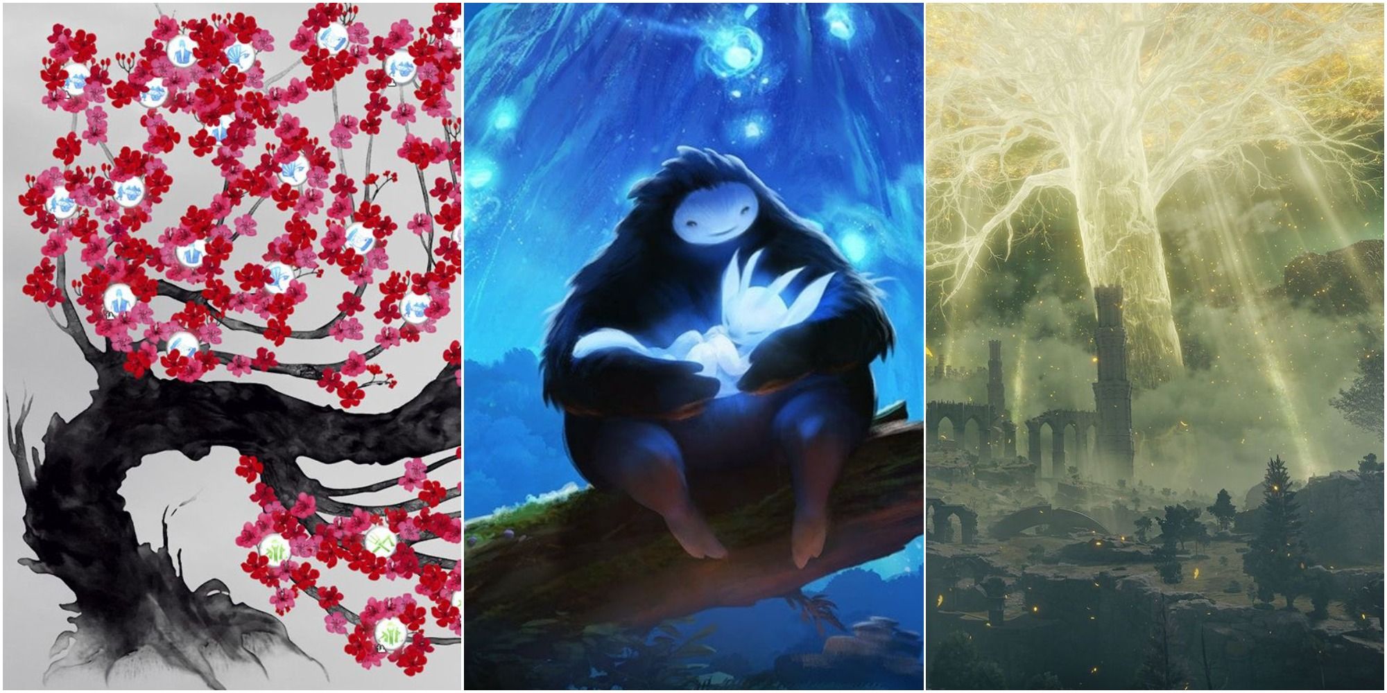 The reformw tree from Three Kingdoms, the cover art of Ori and the Blind Forest, and the Erdtree from Elden Ring
