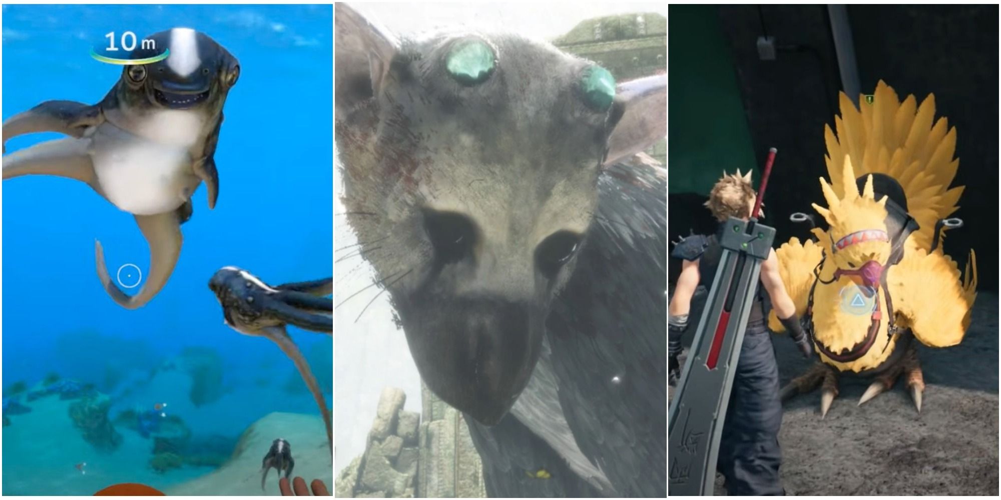 Split header with cuddlefish from Subnautica, Trico from The Last Guardian, and a Chocobo and Cloud from Final Fantasy VII Remake.