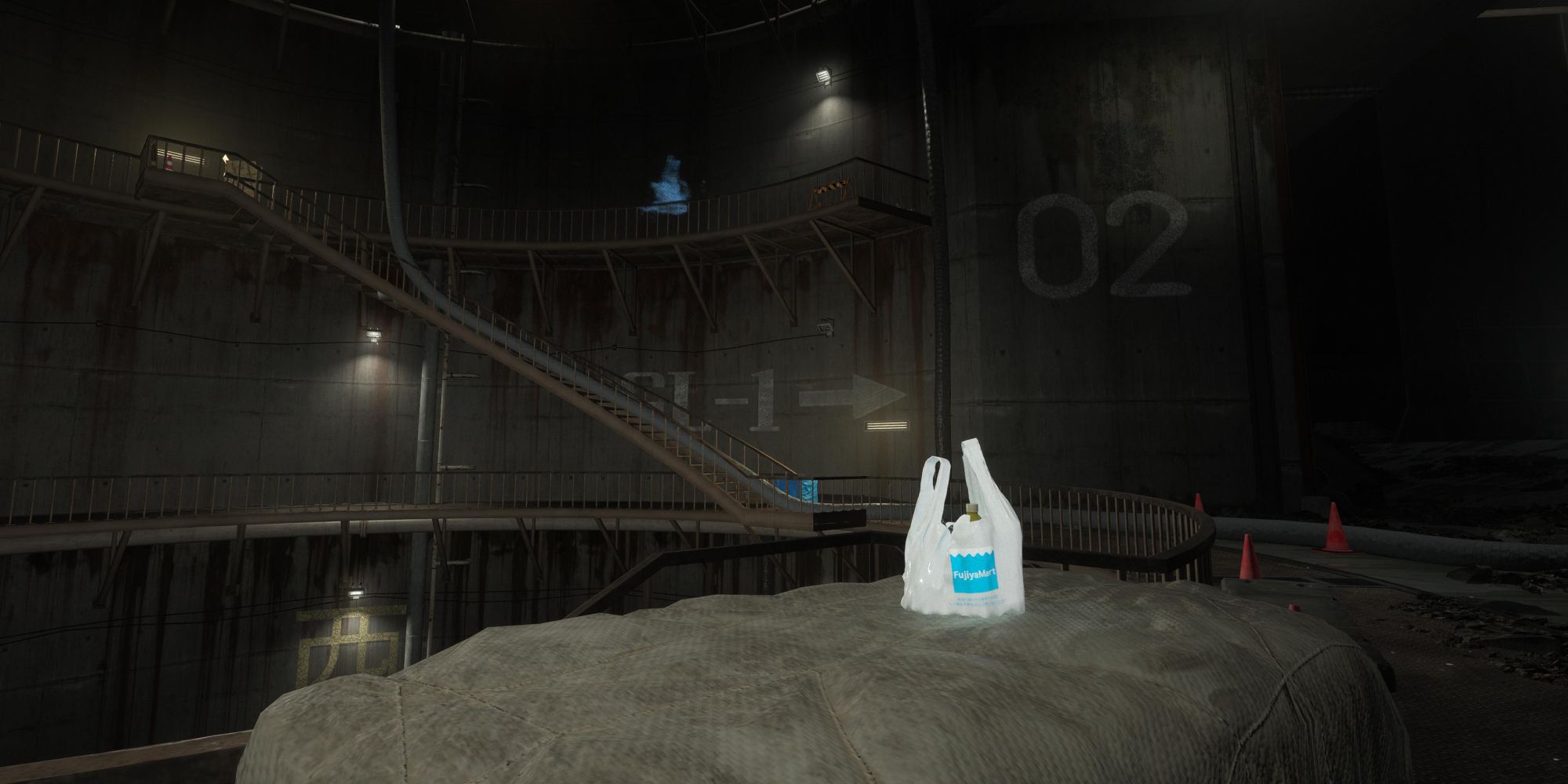 a wide shot of a solitary shopping bag on top of a giant rock against a dimly lit backdrop of an abandoned facility