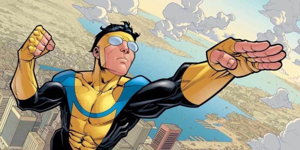 a frame from an Invincible Comic featuring its protagonist Mark Grayson dressed up in his superhero costume flying above a city with his right arm pointing to the right