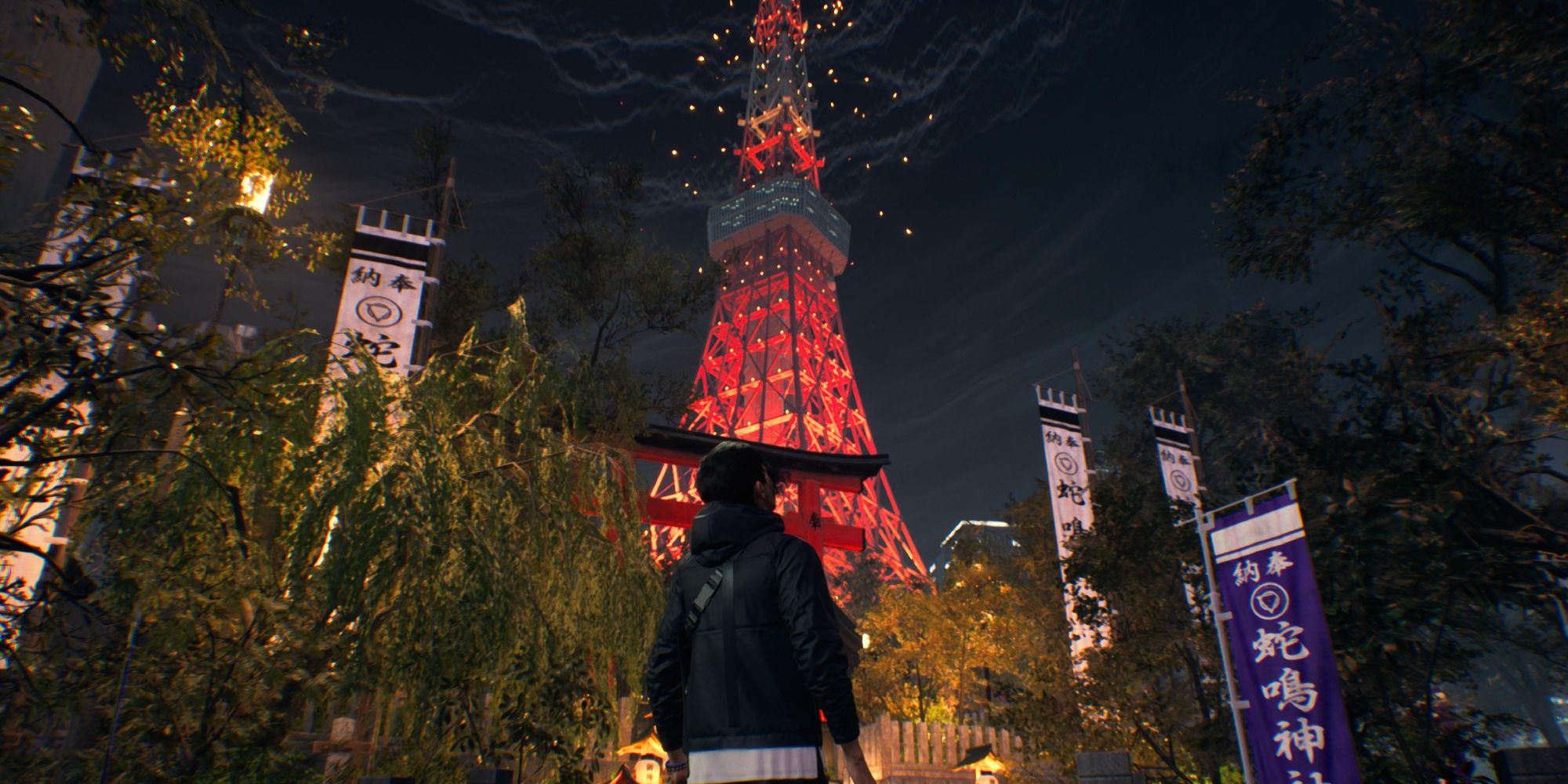 a wide shot of Akito from Ghostwire: Tokyo looking up at Tokyo Tower which is shrouded in a dark mist with trees and signs in the foreground