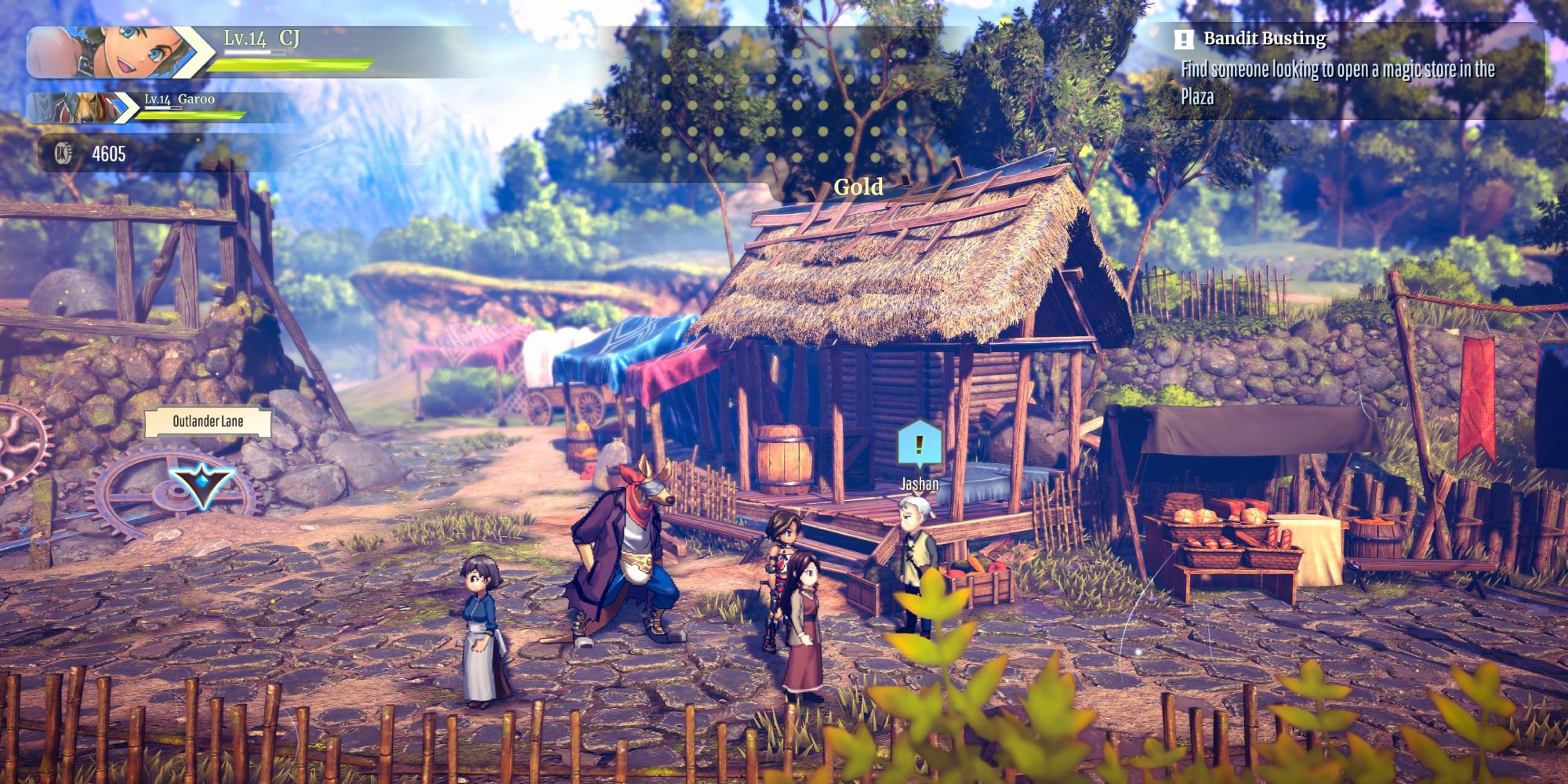 a side perspective of Garoo and CJ from Eiyuden Chronicle: Rising talking to a citizen with a blue icon above their head with various UI elements covering the top of the image
