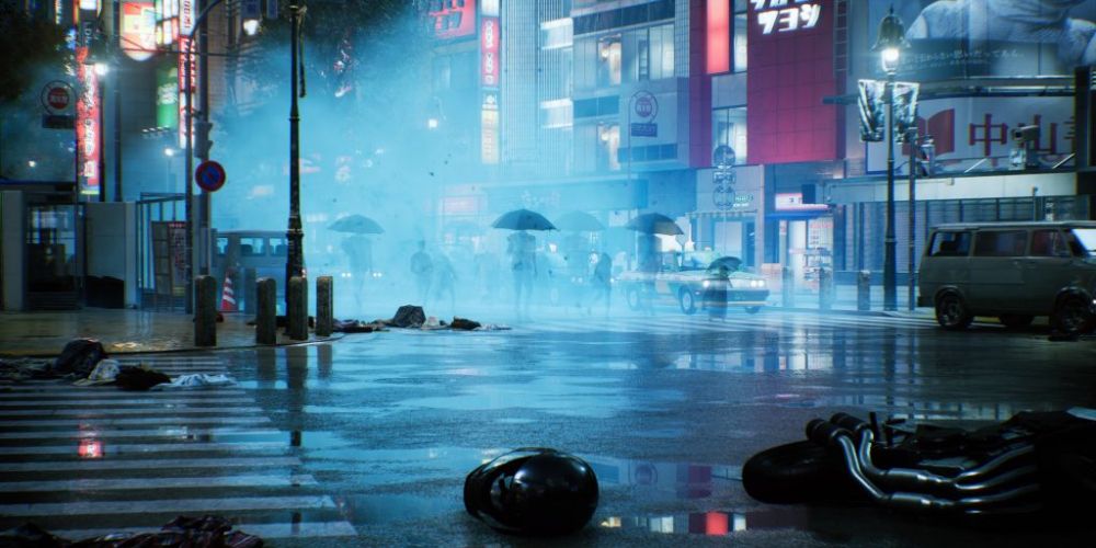 A shot from Ghostwire: Tokyo of a ghostly parade marching through the Shibuya Scramble shrouded in an ominous layer of smoke.
