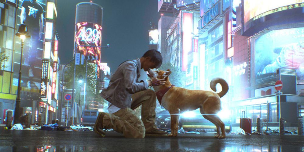 a wide shot of Akito from Ghostwire: Tokyo petting a Shiba Inu in the Shibuya Scramble area surrounded by illuminated buildings and streelights 