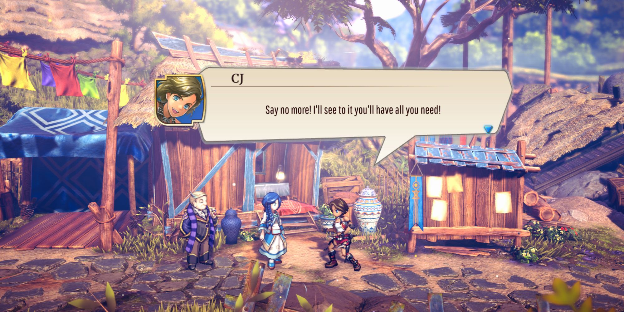 a 2d side shot of CJ talking to Isha from Eiyuden Chronicle: Rising in the main Plaza with dialogue appearing above her in a text box
