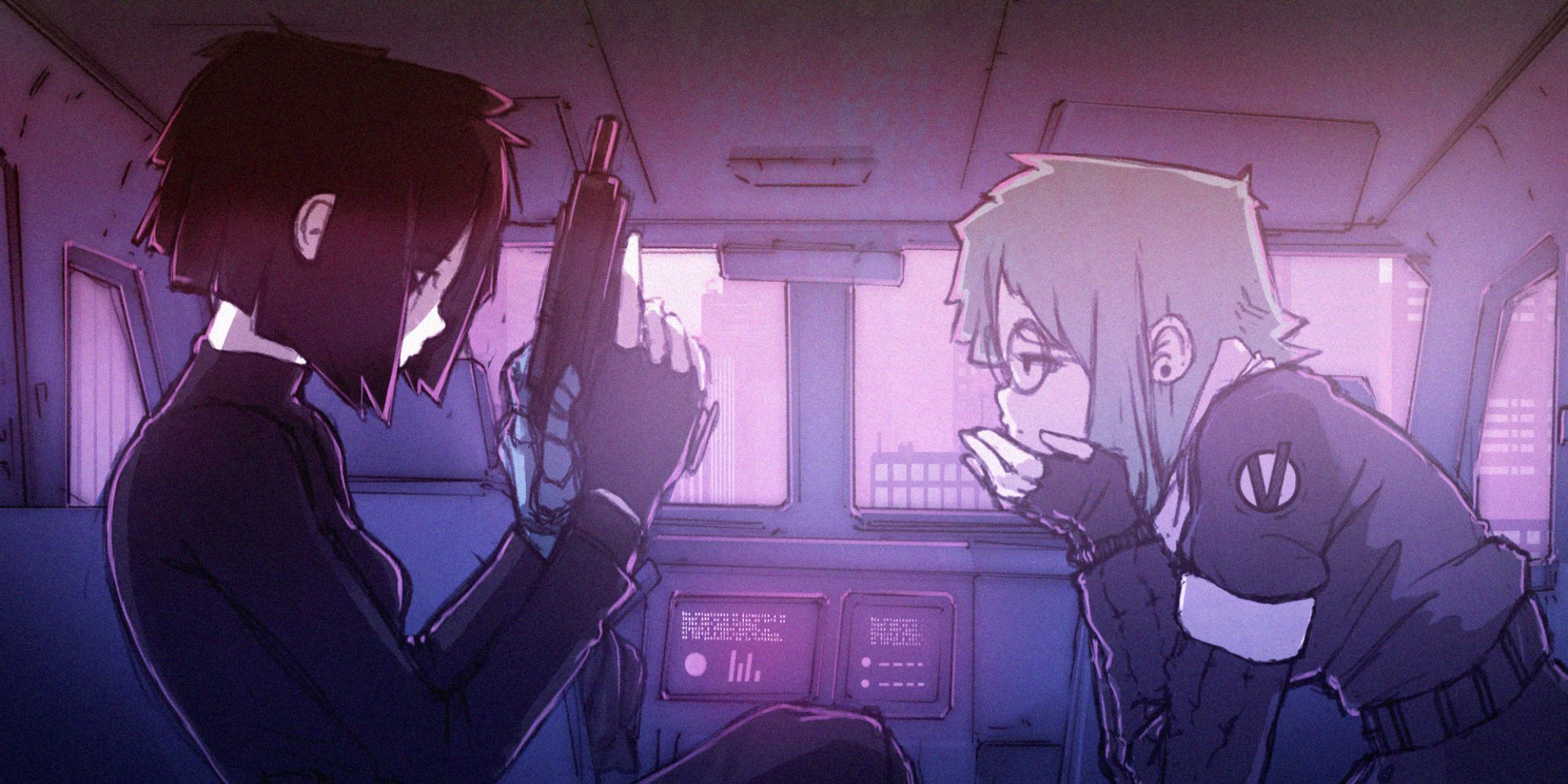 a shot from the visual novel Synergia featuring two of its characters, Cila and Darla, in the back of a truck with Cila loading a pistol