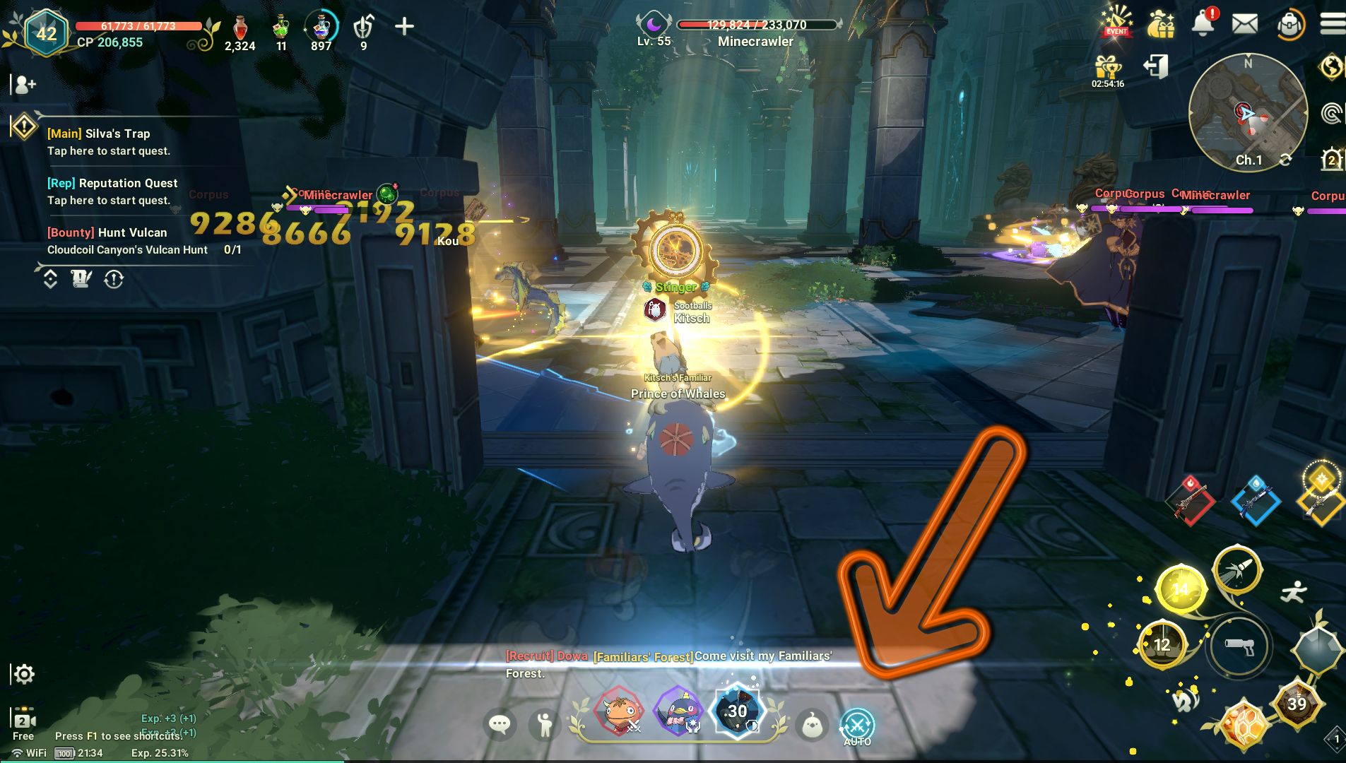 Ni No Kuni Cross Worlds arrow pointing to auto battle icon at the bottom of the screen