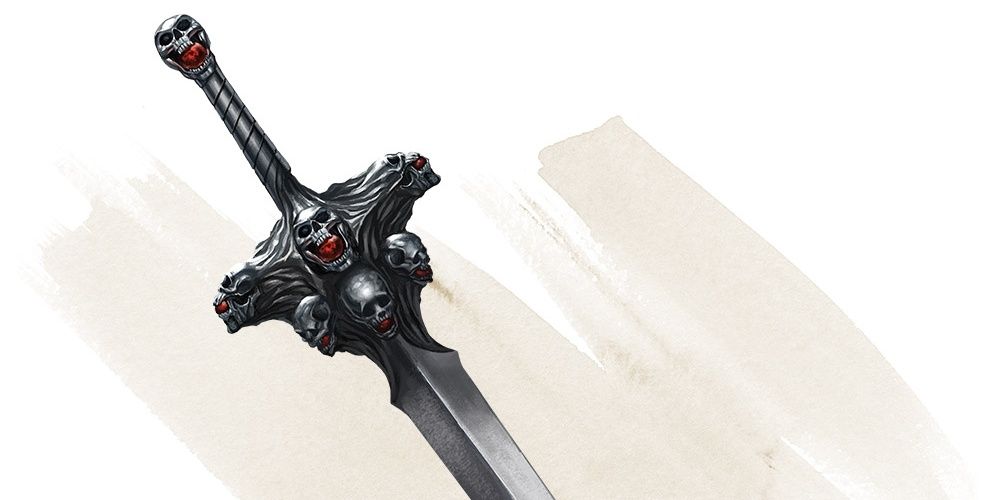 Dark sword with red screaming skulls on hilt