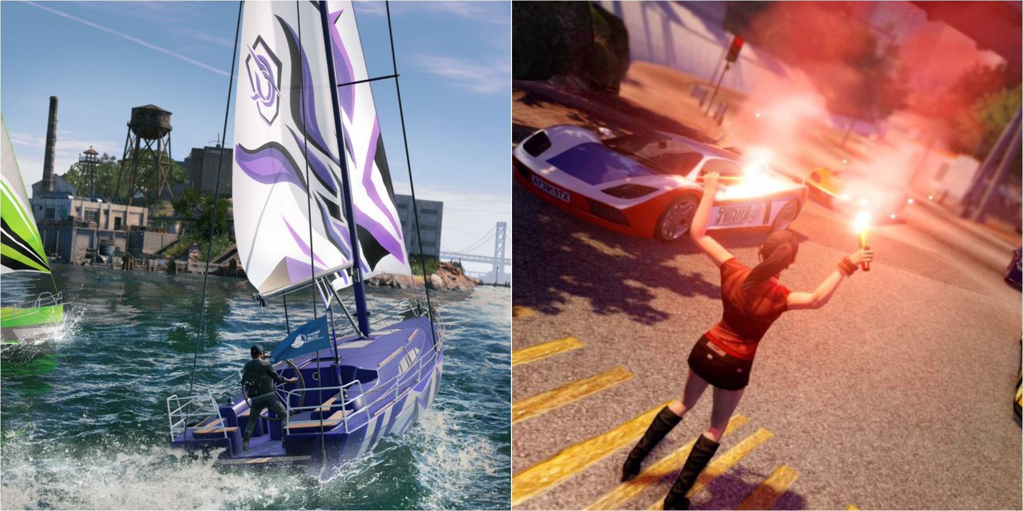 Non-Racing Games With Racing Featured Split Image Watch Dogs 2 Sailboat and Sleeping Dogs
