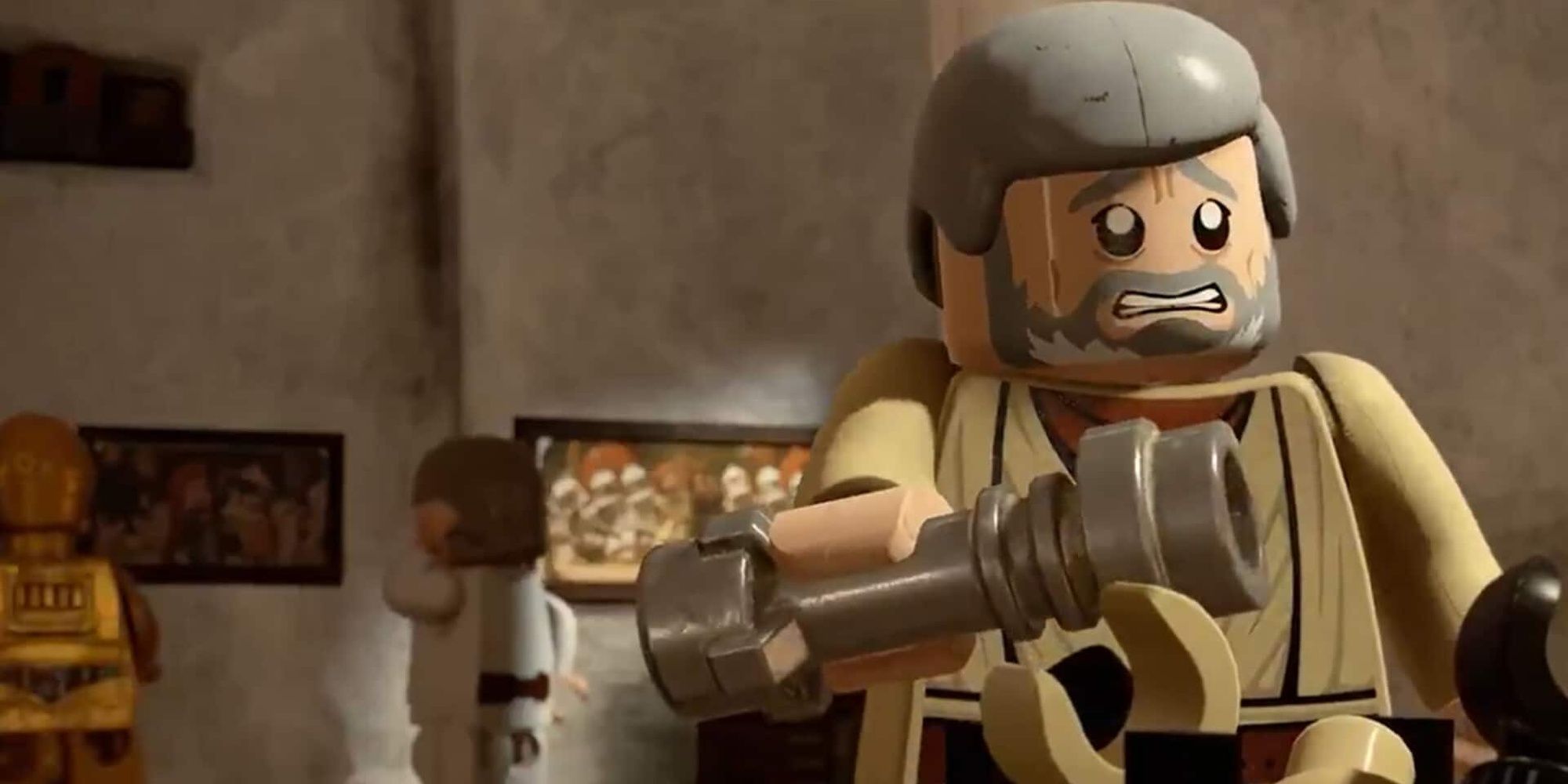 Obi-Wan with Luke Skywalker and C-3PO in Lego Star Wars: The Skywalker Saga