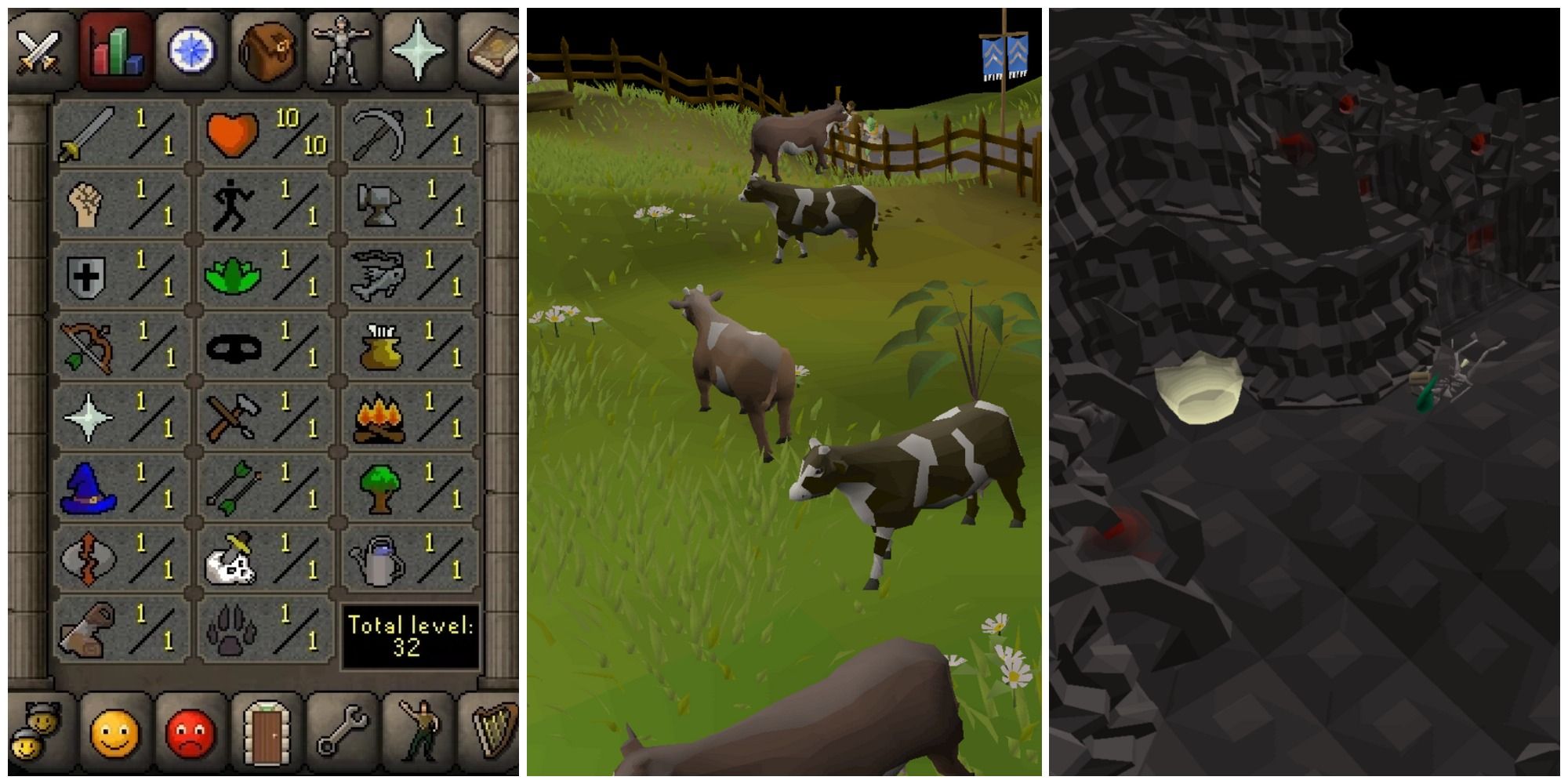 Split image showing the Old School Runescape Skills menu, a picture of cows in Lumbridge, and the Stronghold of Security