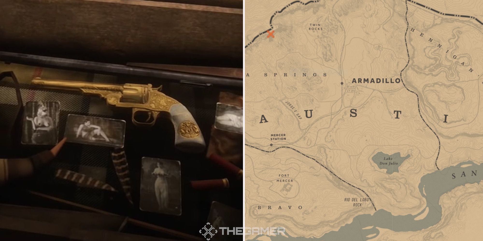 Otis Millers revolver in Red Dead Redemption 2, next to a location of where it can be found marked on the map.